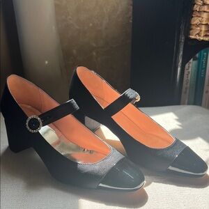 J. Crew Black Mary Jane Block Heel Pumps with Rhinestone Buckle